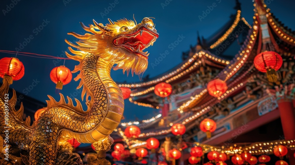 Fototapeta premium A vibrant dragon statue amidst glowing lanterns and ornate architecture at dusk.