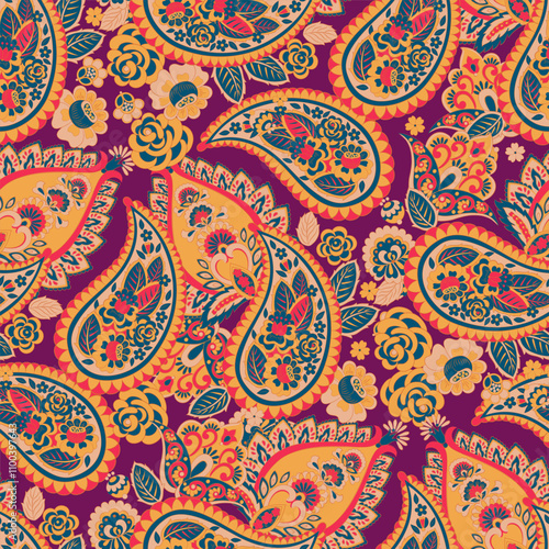 Floral seamless pattern with paisley ornament. Vector illustration in asian textile style