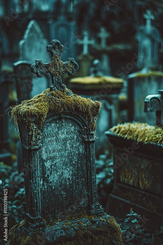 Old, moss-covered tombstones in an ancient cemetery photo