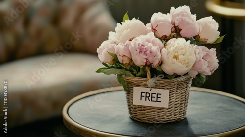 Fototapeta Naklejka Na Ścianę i Meble -  A beautiful arrangement of pink and white peonies is displayed in a woven basket with a tag reading free. The setting features a comfortable chair and warm lighting, inviting tranquility.