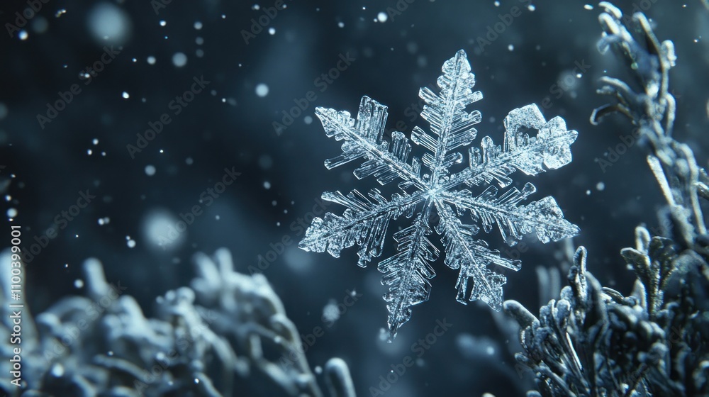 Fototapeta premium A close-up view of a snowflake amidst a snowy background, showcasing its intricate design.