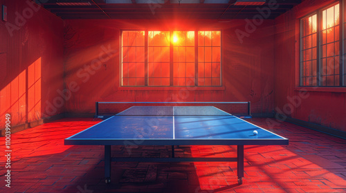 Table tennis or ping pong sport game hobby play room interior with blue table with a net and a ball. Championship competition match indoor, professional leisure recreation activity, club poster.