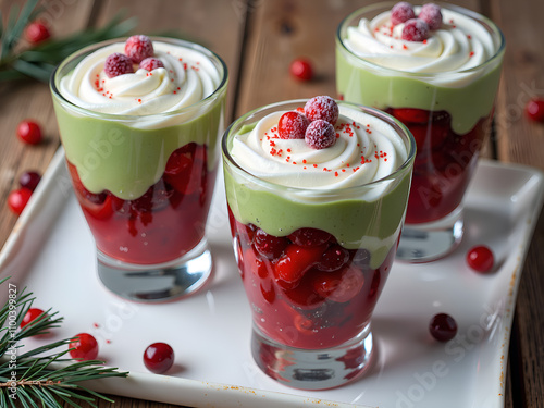 Colorful layered berry dessert with creamy topping and garnishes, photography of still life concept.