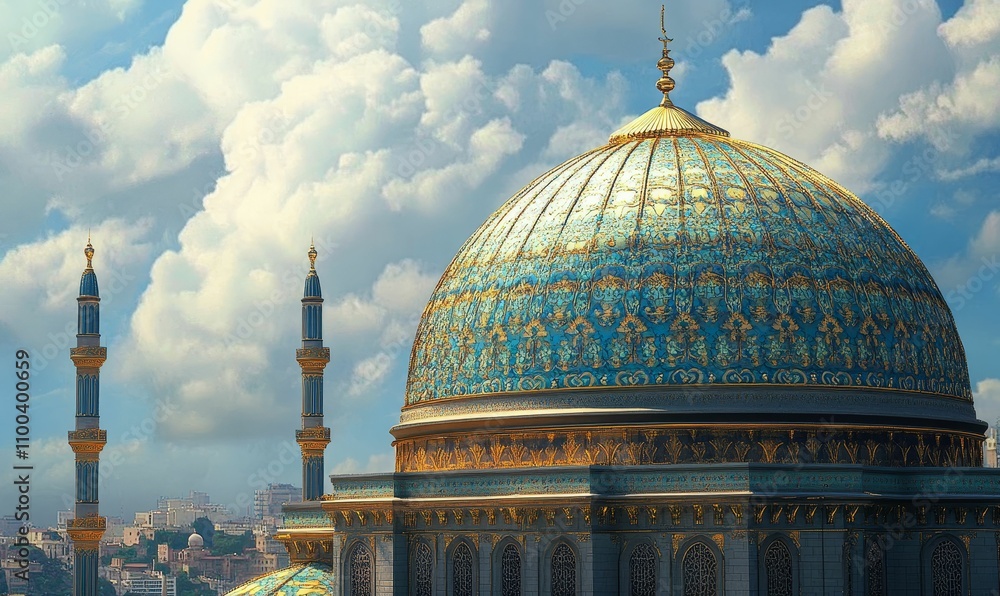 Obraz premium Ornate mosque dome, minarets, cloudy sky.