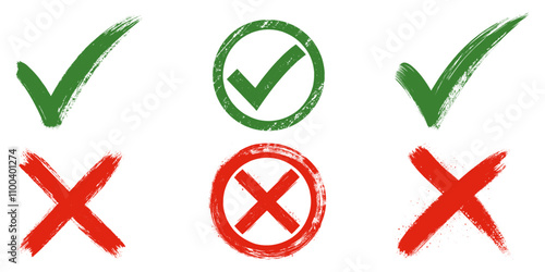 Set of check marks and cross symbols for decision making and validation concepts. Grunge icons isolated on transparent background.