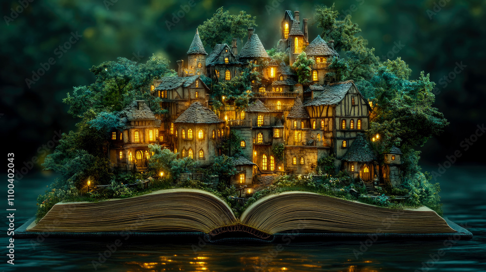 Obraz premium A magical village emerges from the pages of an open book, illuminated windows shining in the dark, surrounded by lush greenery and calm water