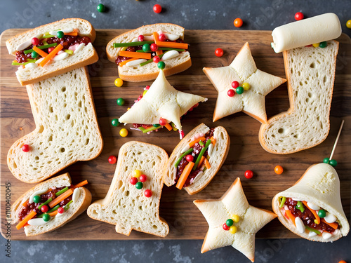 Creative holiday themed sandwiches arranged on a wooden board, photography of food art concept. photo