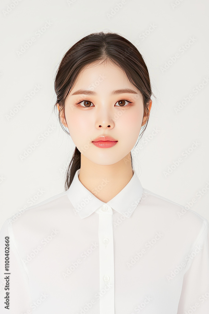 Asian young female in white shirt with brown hair and neutral expression Asian young female in white shirt with brown hair and neutral expression