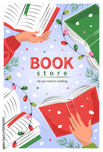 Book store. Layout design for book market, library, sale in bookshop. Books with winter decor, garlands, Christmas tree and snow. Vector illustration for banner, cover, marketing, sale.