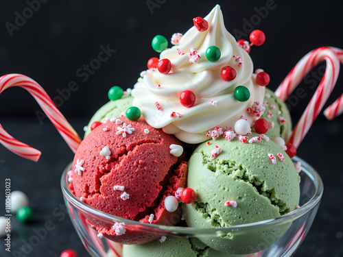 Festive ice cream sundae with peppermint toppings and red, green scoops, photography of food art concept. photo