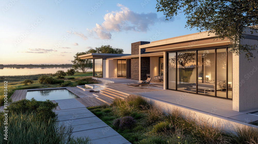 Modern lakeside house with pool and scenic sunset view Modern lakeside house with pool and scenic sunset view