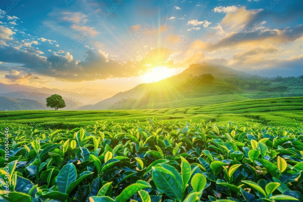 Green tea plantation at sunrise time nature background. Green tea plantation at sunrise time nature background.