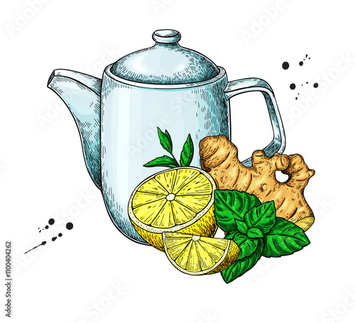Healthy tea concept vector drawing. Teapot, kettle, mint leaf hearb, lemon fruit slice and ginger root sketch.