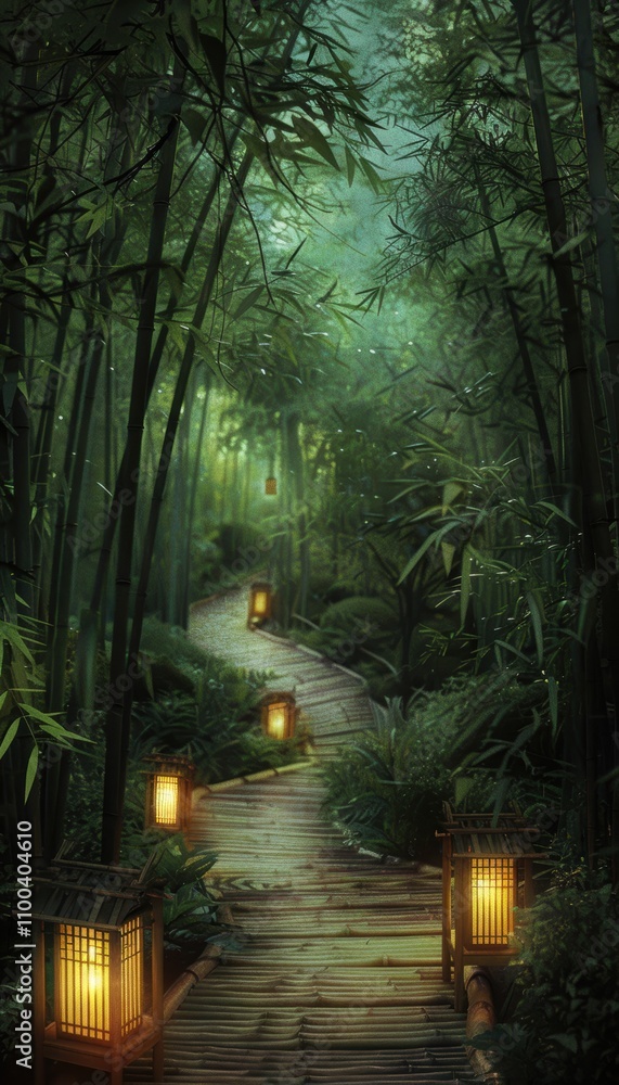 Naklejka premium Mystical Bamboo Forest Path with Lantern Glow for Serene and Tranquil Design Inspirations
