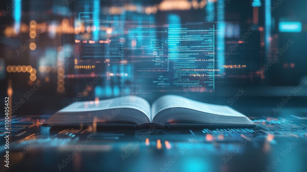 Fototapeta premium Open Book with Holographic Data Projections: The Fusion of Knowledge and Technology