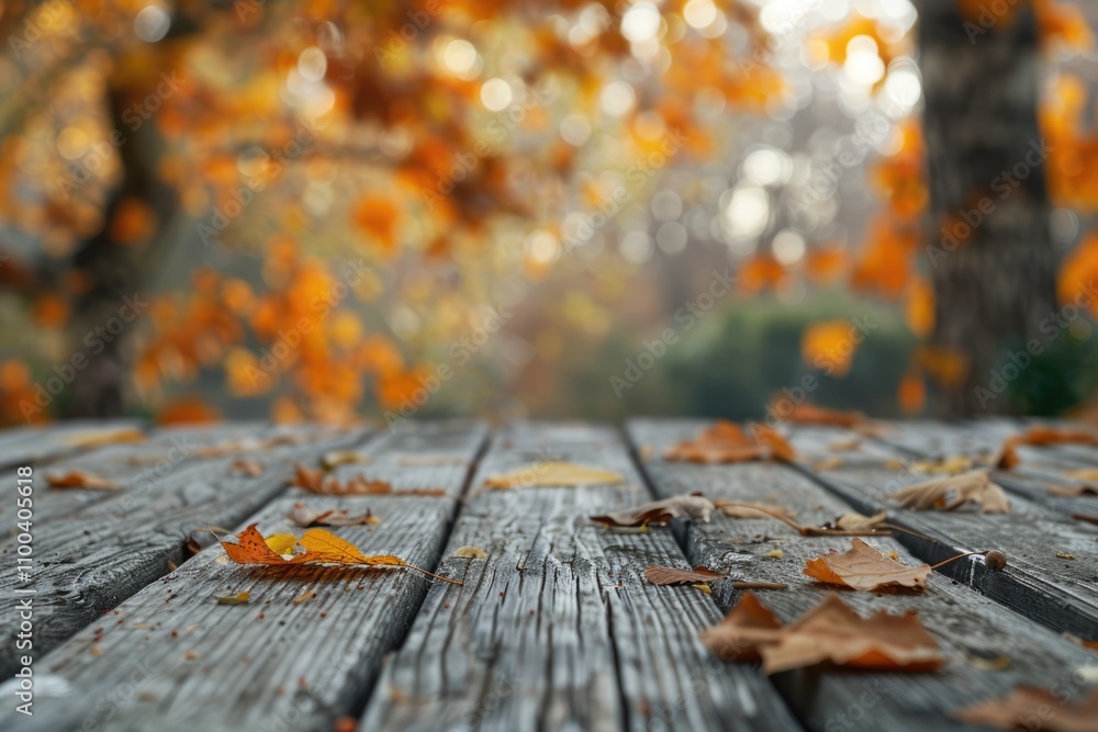 Fototapeta premium The empty wooden table top with blur background of autumn. Exuberant image.