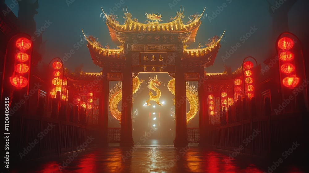 Fototapeta premium A mystical gateway adorned with lanterns and dragons, evoking cultural celebration.