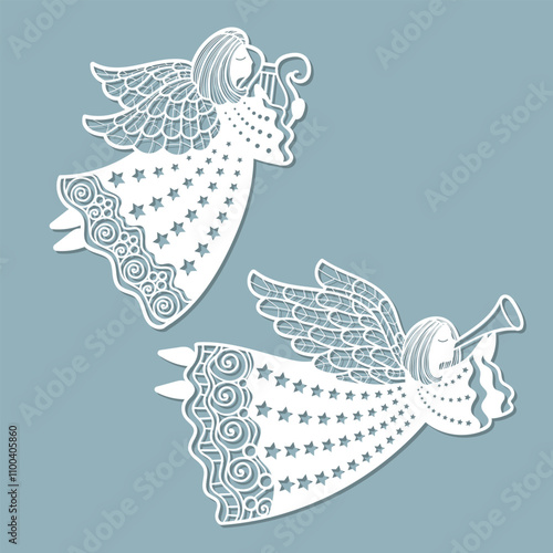 Set of Angels. Template for laser cutting from paper, cardboard, wood, metal. For the design of Christmas and New Year decorations, Christmas tree toys, postcards, stickers, stencils, etc. Vector