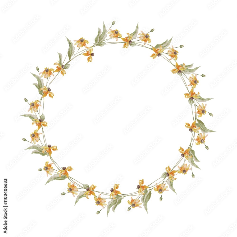 Fototapeta premium Cute yellow wildflower Rudbeckia wreath on white. Watercolor illustration in kids style for textile, decoration children parties, birthday, Easter, Mothers Day.