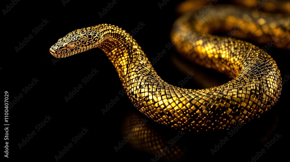 Fototapeta premium A gold colored snake is shown in a black background