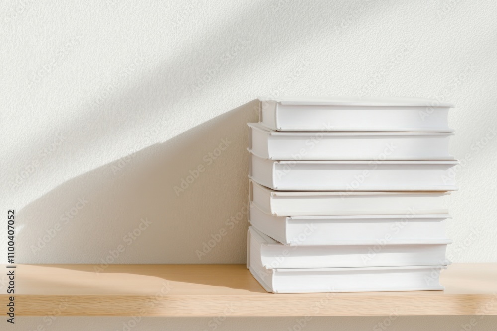 Minimalist arrangement of white soft cover books on a light wood shelf with warm natural light Minimalist arrangement of white soft cover books on a light wood shelf with warm natural light