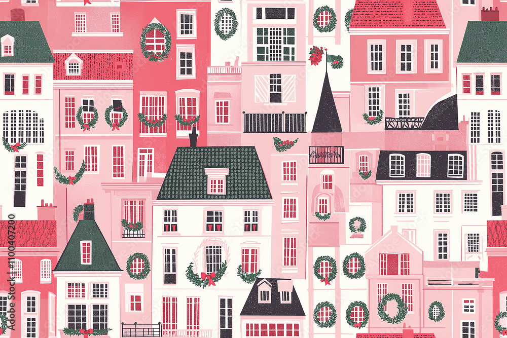 Fototapeta premium A charming repeating pattern of Parisian buildings in red and white, adorned with festive wreaths and holiday decorations for a cozy winter and Christmas ambiance.”