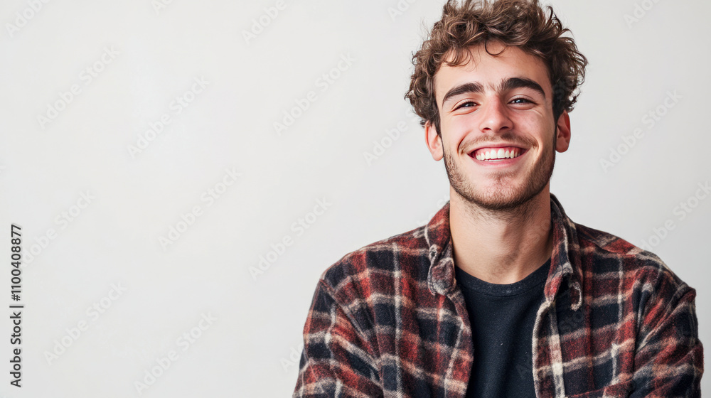 Fototapeta premium Smiling young caucasian male with curly hair wearing checkered shirt