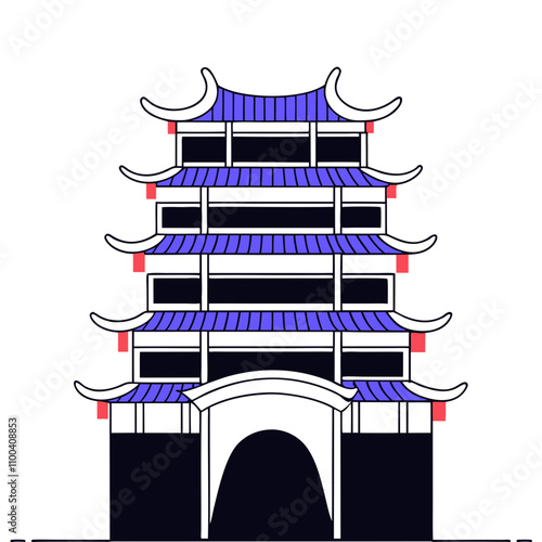 Chinese Pagoda Gate Illustration with Blue Roof and White Archway