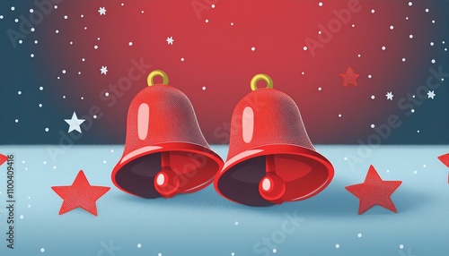 하얀 눈 위에 놓인 빨간 크리스마스 종과 주변에 반짝이는 작은 별들