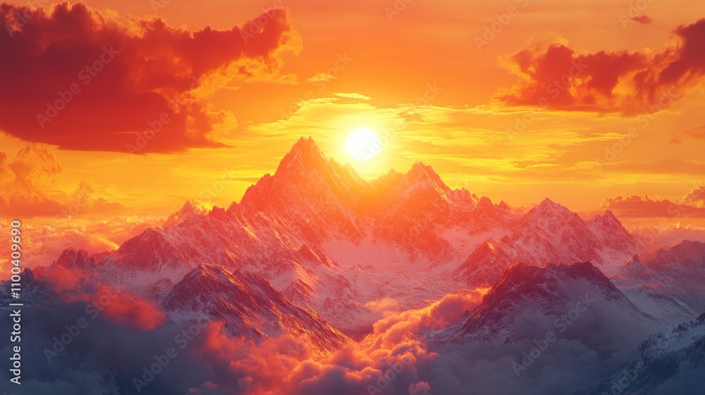Obraz premium Fiery Sunset Over Snowcapped Mountain Peaks