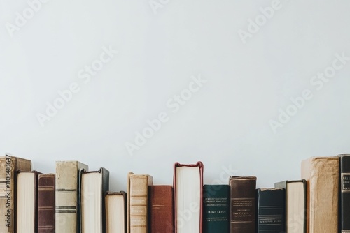 A diverse array of books showcases various genres, lined up neatly against a clean white background, emphasizing their unique spines. Generative AI