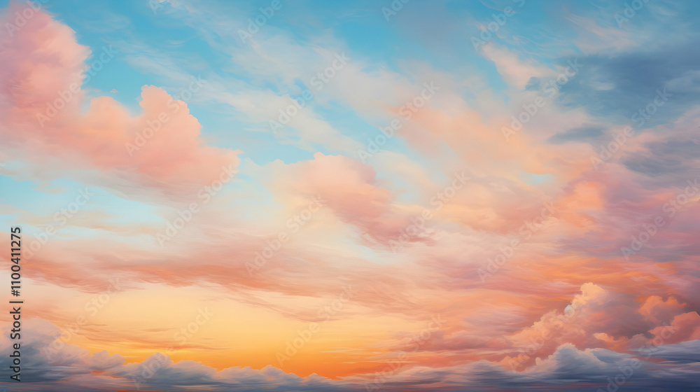 Fototapeta premium Pastel-colored clouds fill the sky at sunset, creating a serene and dreamy atmosphere. The soft hues of pink, orange, and blue blend seamlessly, offering a breathtaking view.