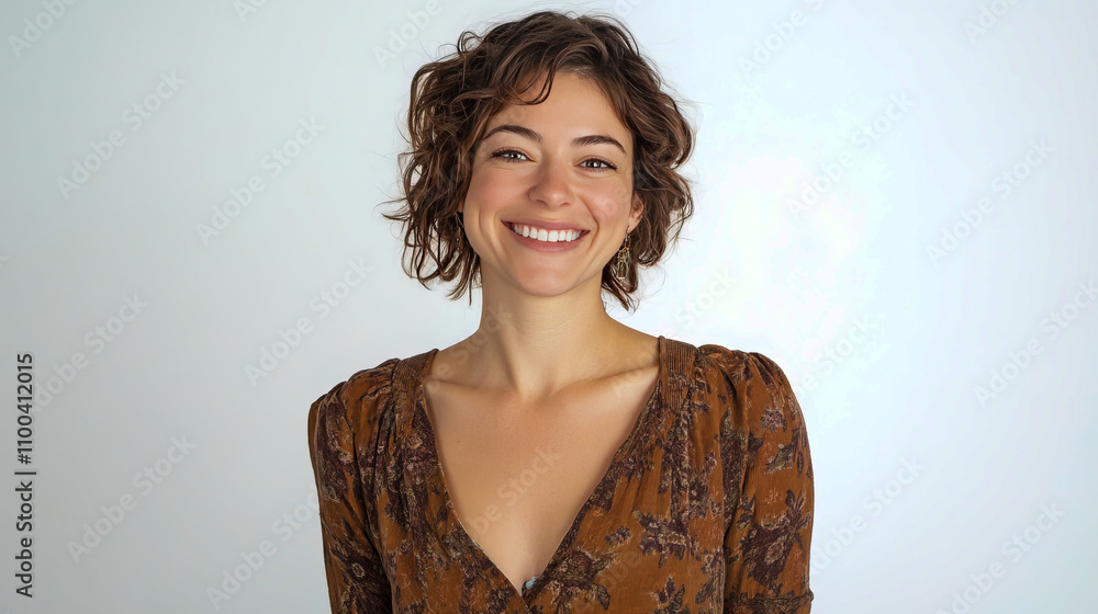 Young caucasian female smiling in brown floral dress against light background Young caucasian female smiling in brown floral dress against light background