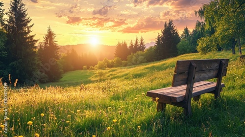 Parkbank in grüner Wiese bei Sonnenuntergang