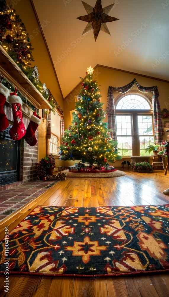 Fototapeta premium Charming holiday living room with a festive christmas tree and cozy fireplace decorations