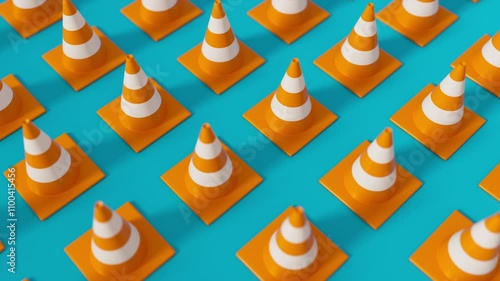 Moving grid of Orange Traffic cones with shallow dof on blue background. Safety warning or under construction symbol. 3d render loop