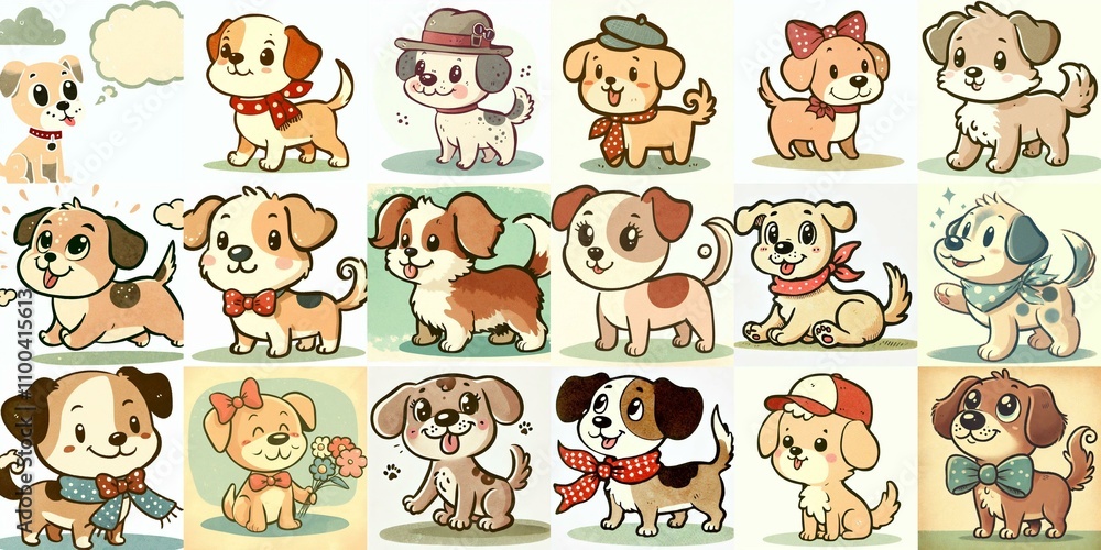 Obraz premium Cartoon vintage style funny dogs. AI generated illustration