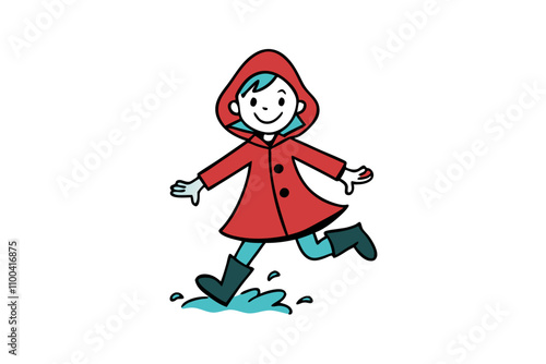 Girl in Raincoat Jumping in Puddles Vector.