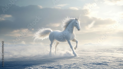 A majestic white unicorn gallops through a snowy landscape under a serene sky.