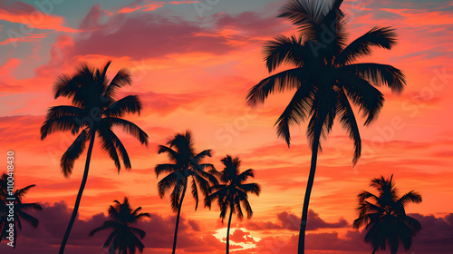 Silhouetted palm trees stand tall against a vibrant orange and pink sunset, creating a breathtaking tropical scene.