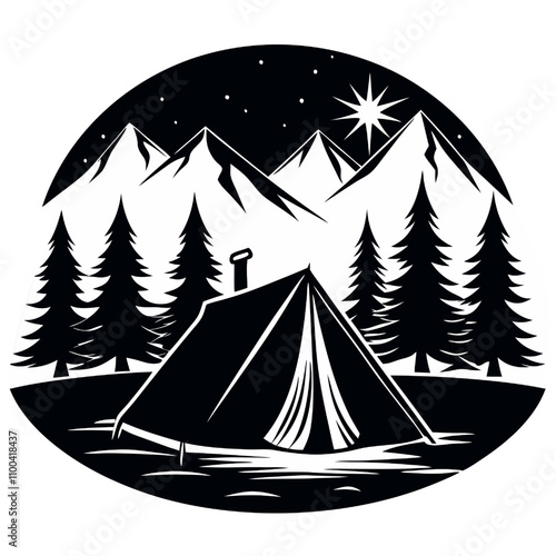 Vector Night Camping Adventure: A black and white illustration of a tent nestled amidst towering mountains and a starry sky, perfect for evoking a sense of peace and adventure. 