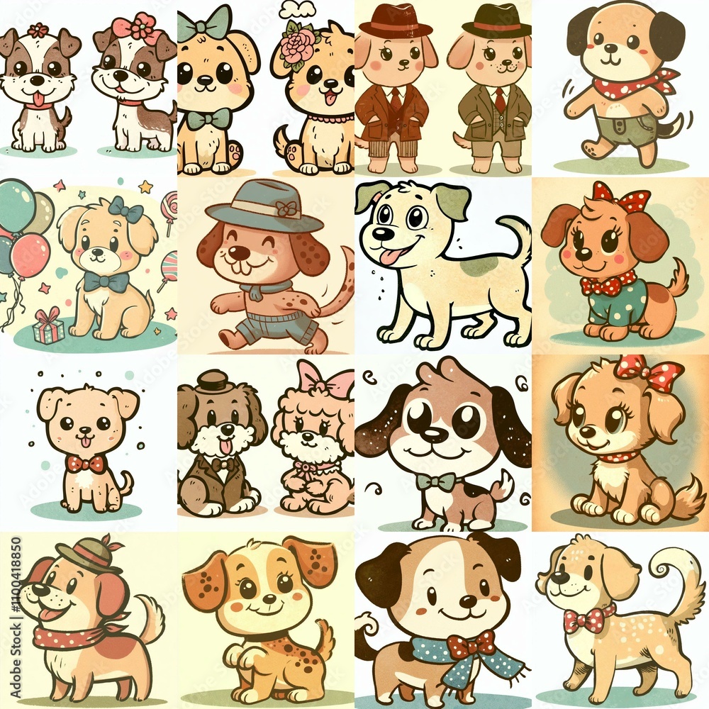 Fototapeta premium Cartoon vintage style funny dogs. AI generated illustration