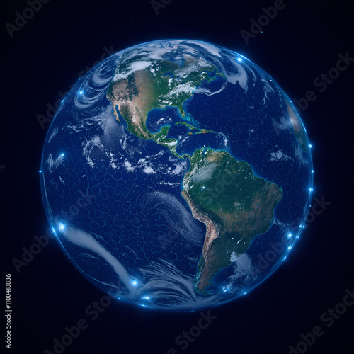 A breathtaking depiction of Earth seen from space with a glowing blue outline highlighting continents, oceans, against a dark cosmic background symbolizing planetary beauty and global connectivity