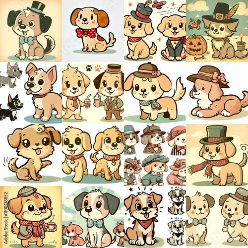 Cartoon vintage style funny dogs. AI generated illustration