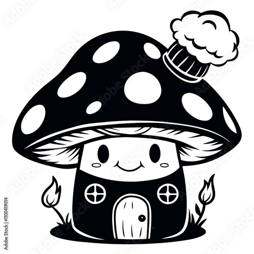 Vector Mushroom House with a Chef Hat: Adorable cartoon illustration of a mushroom house with a chef hat, complete with a cute face and a tiny door.