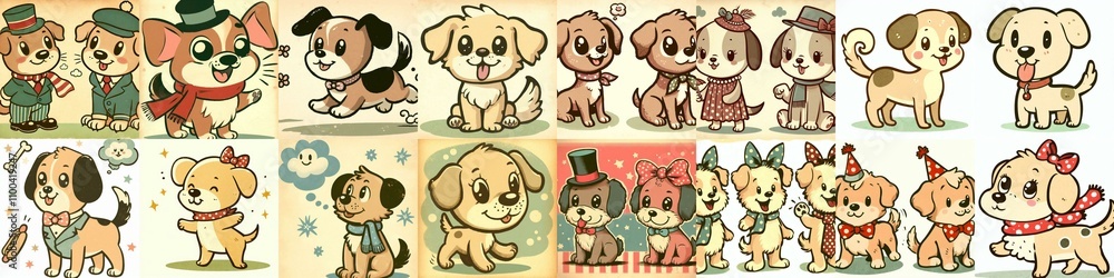 Fototapeta premium Cartoon vintage style funny dogs. AI generated illustration