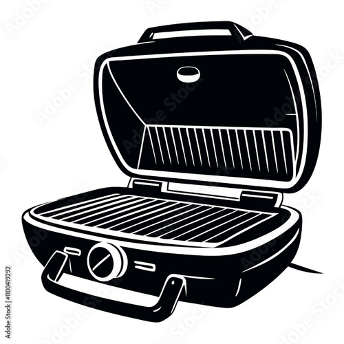 Vector Grill Time: A simple silhouette illustration of a classic, open grill with a knob, ready for grilling season.  