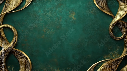 Elegant Golden Snake Border Frame: Minimalist Serpentine Design on Deep Emerald Background, 75% Central Copy Space, Studio Quality 8K Resolution with Dramatic Rim Lighting.