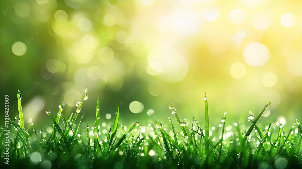 Obraz premium Close-up of lush green grass adorned with dew drops, illuminated by soft sunlight.