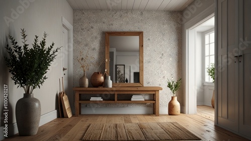 Bright hallway with wooden console table, mirror, plants, and textured wall.